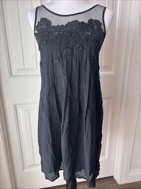 🩷 Anthropologie Meadow Rue Black Sheer Mesh Embroidered Sleeveless Dress Sz 0